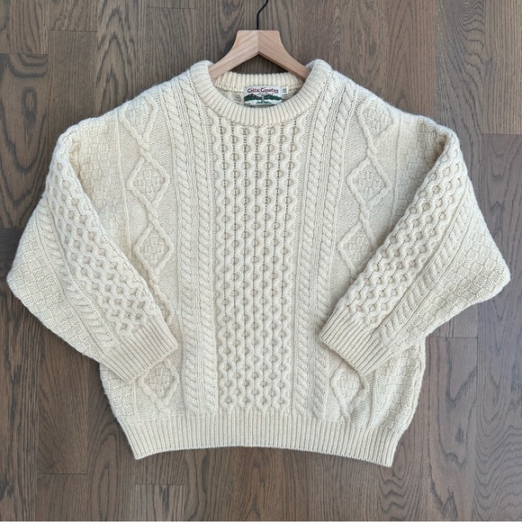 Vintage Sweaters - Vintage Celtic Country 100% Wool Irish Cable Knit Crew Neck Sweater Cream Large